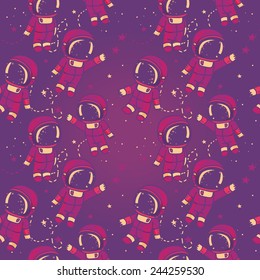 seamless background with cute doodle astronauts and stars, vector illustration