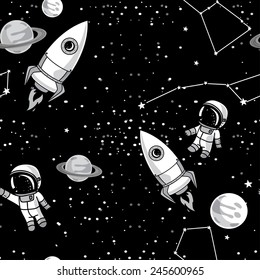 seamless background with cute doodle astronauts, planets, rockets and stars, vector illustration