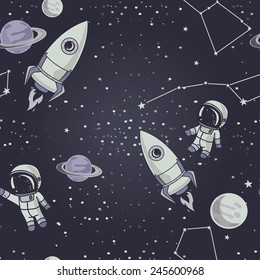 seamless background with cute doodle astronauts, planets, rockets and stars, vector illustration