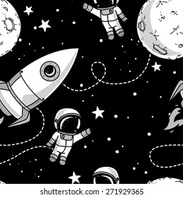 seamless background with cute doodle astronauts, planets, rockets and stars, vector illustration