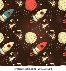 seamless background with cute doodle astronauts, planets, rockets and stars, retro style,  vector illustration