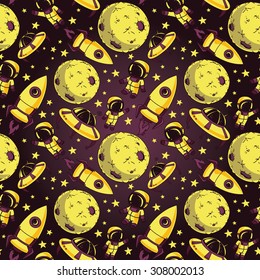 seamless background with cute doodle astronauts, planets, rockets and stars, retro style, vector illustration
