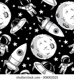 seamless background with cute doodle astronauts, planets, rockets and stars, retro style, vector illustration