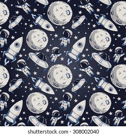 seamless background with cute doodle astronauts, planets, rockets and stars, retro style, vector illustration