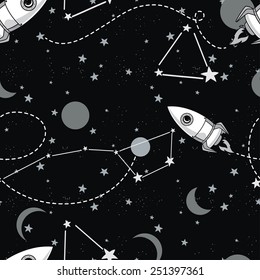 seamless background with cute doodle constellations, planets, rockets and stars, vector illustration