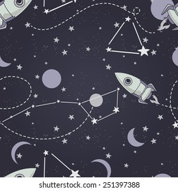 seamless background with cute doodle constellations, planets, rockets and stars, vector illustration