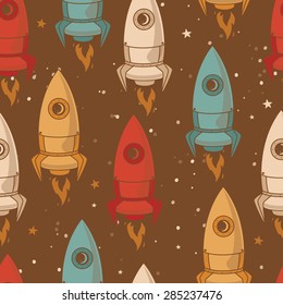seamless background with cute doodle rockets and stars, vector illustration