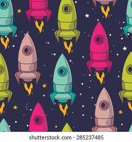 seamless background with cute doodle rockets and stars, vector illustration