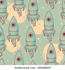 seamless background with cute doodle rockets and stars, vector illustration