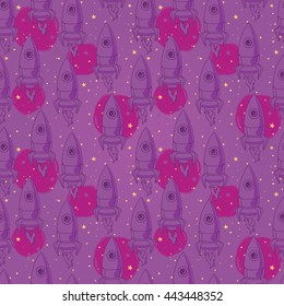 seamless background with cute doodle rockets and stars, vector illustration