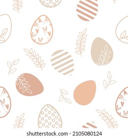 Seamless background of cute Easter eggs. Flat style, pastel colours, floral and minimal design.