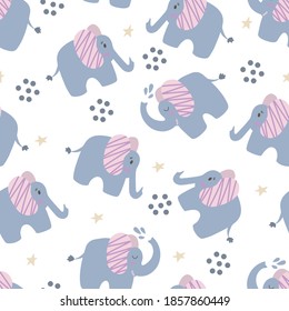 Seamless background with cute elephant. Decorative cute wallpaper for the nursery in the Scandinavian style. Suitable for children's clothing, interior design, packaging, printing.
