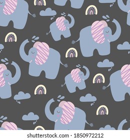 Seamless background with cute elephant with rainbow. Decorative cute wallpaper for the nursery in the Scandinavian style. Suitable for children's clothing, interior design, packaging, printing.