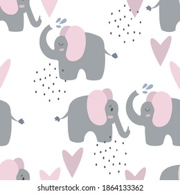 Seamless background with cute elephants with hearts. Decorative cute wallpaper for the nursery in the Scandinavian style. Suitable for children's clothing, interior design, packaging, printing.