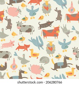 Seamless background with cute farm animals in cartoon style. 