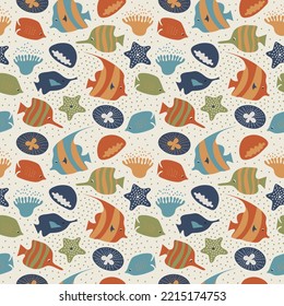 Seamless background with cute fishes, jellyfishes. Decorative marine texture. Pattern with sea creatures, corals