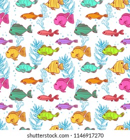 seamless background of cute fishes and seaweeds