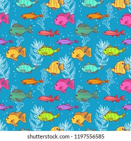 seamless background of cute fishes and seaweeds