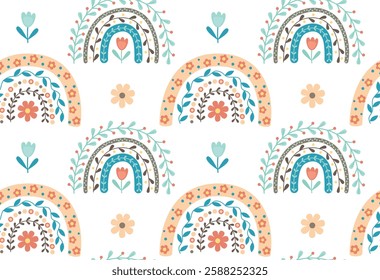 Seamless background with cute floral rainbows. Decorative pattern in boho style