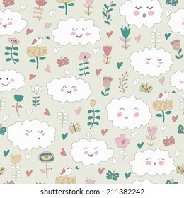 Seamless background with cute flowers and clouds in cartoon style