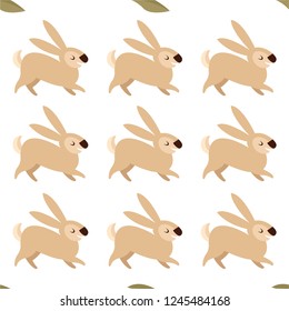Seamless background with cute forest animals, flowers, mushrooms in cartoon style