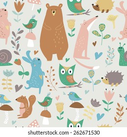 Seamless background with cute forest animals, flowers, butterflies and mushrooms in cartoon style