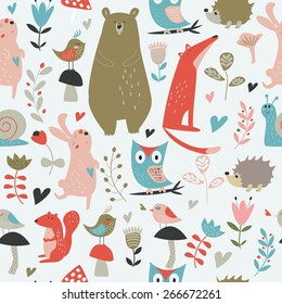 Seamless background with cute forest animals, flowers, butterflies and mushrooms in cartoon style