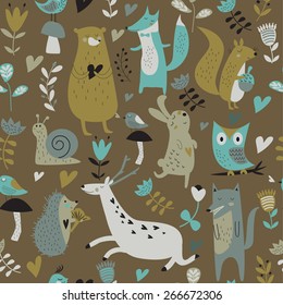 Seamless background with cute forest animals, flowers, butterflies and mushrooms in cartoon style