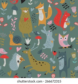 Seamless background with cute forest animals, flowers, butterflies and mushrooms in cartoon style