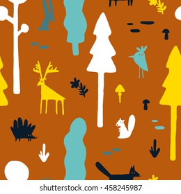 Seamless background with cute forest animals, flowers, trees and mushrooms in cartoon style