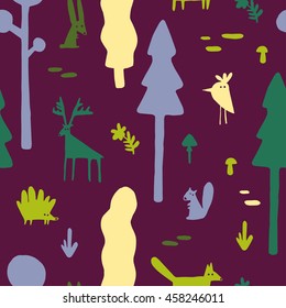 Seamless background with cute forest animals, flowers, trees and mushrooms in cartoon style