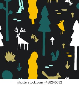 Seamless background with cute forest animals, flowers, trees and mushrooms in cartoon style