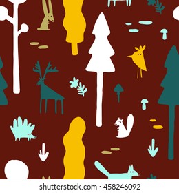 Seamless background with cute forest animals, flowers, trees and mushrooms in cartoon style