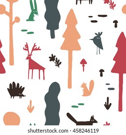 Seamless background with cute forest animals, flowers, trees and mushrooms in cartoon style