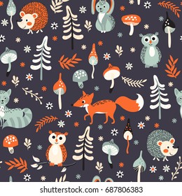 Seamless background with cute forest animals, trees and mushrooms on dark blue background. Vector illustration for children.