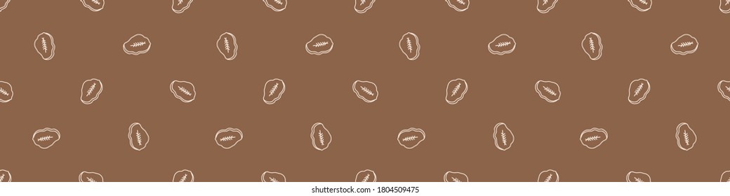 Seamless background cute fossil feather gender neutral baby border pattern. Simple whimsical minimal earthy 2 tone color. Kids nursery decor edging fashion ribbon trim.