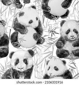 Seamless background - Cute and funny babies pandas against the backdrop of bamboo. Watercolor painting, vector illustration