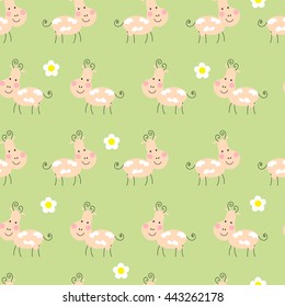 Seamless background with cute funny happy cow and flowers.Cloth design, wallpaper, wrapping.