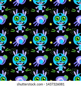 Seamless background with cute funny monsters of blue color. Children's background for posters, textiles, Wallpaper in the children's room, birthday flags.