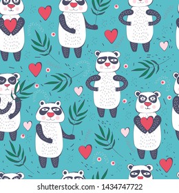 Seamless background with cute and funny pandas in baby style. Drawing with hands. Happy Panda smiles and holds his heart and eucalyptus. Vector illustration with animals. Design for Wallpaper, fabric,