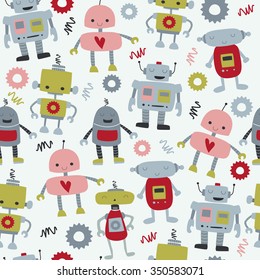 Seamless background with cute funny robots in cartoon style