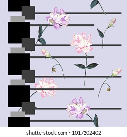 Seamless background with cute garden flowers and squares. Design for cloth, wallpaper, gift wrapping. Print for silk, calico, home textiles.Vintage natural pattern.