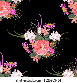 Seamless background with cute garden flowers. Design for cloth, wallpaper, gift wrapping. Print for silk, calico and home textiles.Vintage natural pattern