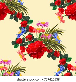 Seamless background with cute garden flowers. Design for cloth, wallpaper, gift wrapping. Print for silk, calico, home textiles.Vintage natural pattern.