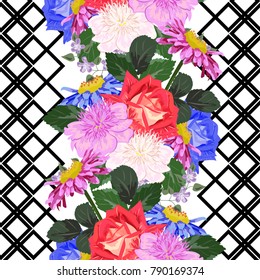 Seamless background with cute garden flowers. Design for cloth, wallpaper, gift wrapping. Print for silk, calico, home textiles.Vintage natural pattern.