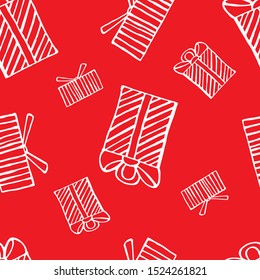 Seamless background with cute gift silhouettes on red background. Vector background for fabric, Wallpaper, posters, gift wrap and paper, napkins. Vector