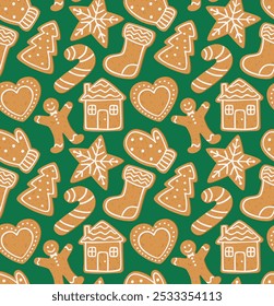 Seamless background with cute gingerbread Christmas cookies.	Vector pattern with holiday food