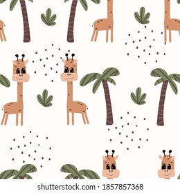 Seamless background with cute giraffe. Decorative cute wallpaper for the nursery in the Scandinavian style. Suitable for children's clothing, interior design, packaging, printing.