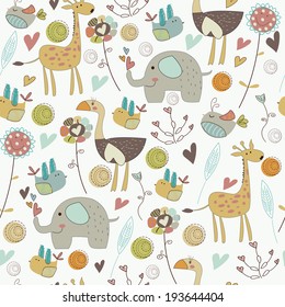 Sencillo fondo con jirafa tierna, elefante, avestruz, pájaros y flores al estilo de las caricaturas