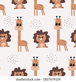 Seamless background with cute giraffe and lion. Decorative cute wallpaper for the nursery in the Scandinavian style. Suitable for children's clothing, interior design, packaging, printing.